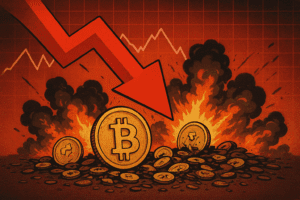 Bitcoin kriptovaluta pad: gorući novčići u plamenu i dimu.