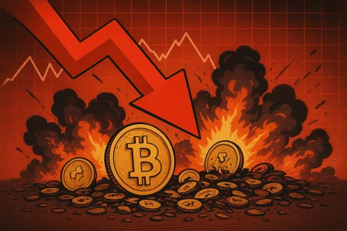 Bitcoin kriptovaluta pad: gorući novčići u plamenu i dimu.Novi val likvidacije