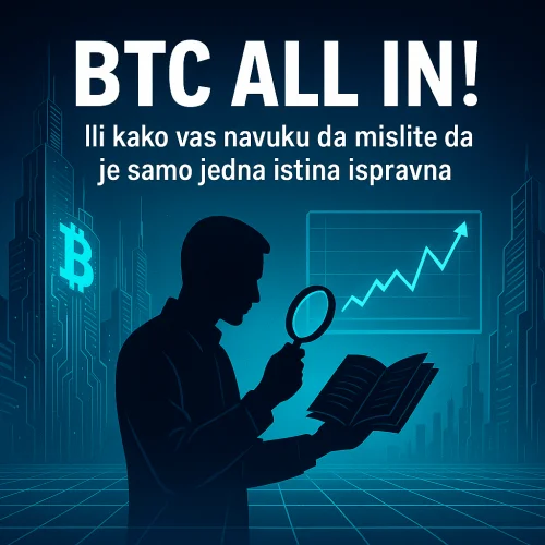 Čovjek analizira Bitcoin investiciju, preispitujući istinu i rast kriptovaluta.BTC ALL IN