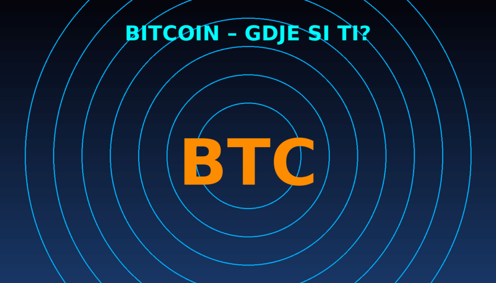 Kriptovaluta Bitcoin BTC logo s neonskim krugovima i tekstom GDJE SI TI?.
