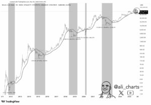 Tjedni logaritamski grafikon Bitcoina (BTC/USD) prikazuje rast cijene i korekcije (2011.-2025.).