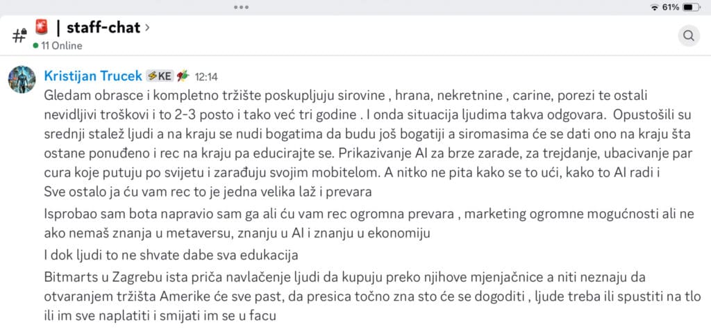 Kristijan Trucec u chatu kritikuje ekonomske prevare, AI i kripto tržište.