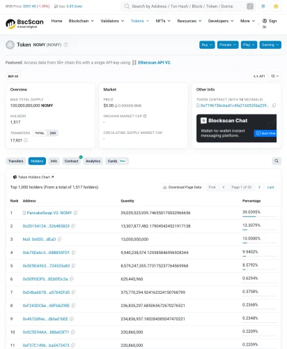 NOMY token, distribucija držača i cijena na BscScanu, BSC mreža.