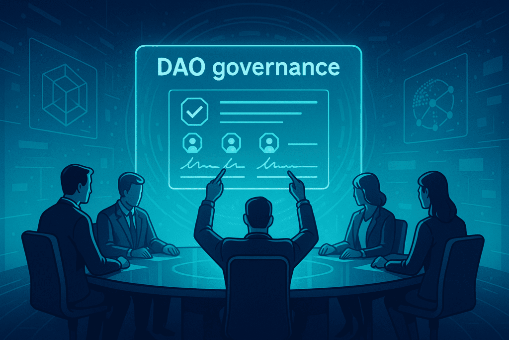 Polurealistična tech ilustracija DAO vijeća koje u digitalnom prostoru potpisuje transakcije na holografskom zaslonu, simbolizirajući decentralizirano upravljanje trezorima.