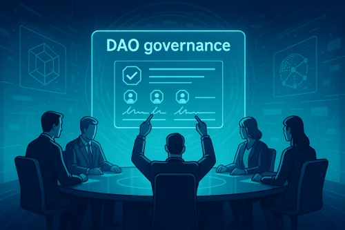 Polurealistična tech ilustracija DAO vijeća koje u digitalnom prostoru potpisuje transakcije na holografskom zaslonu, simbolizirajući decentralizirano upravljanje trezorima.