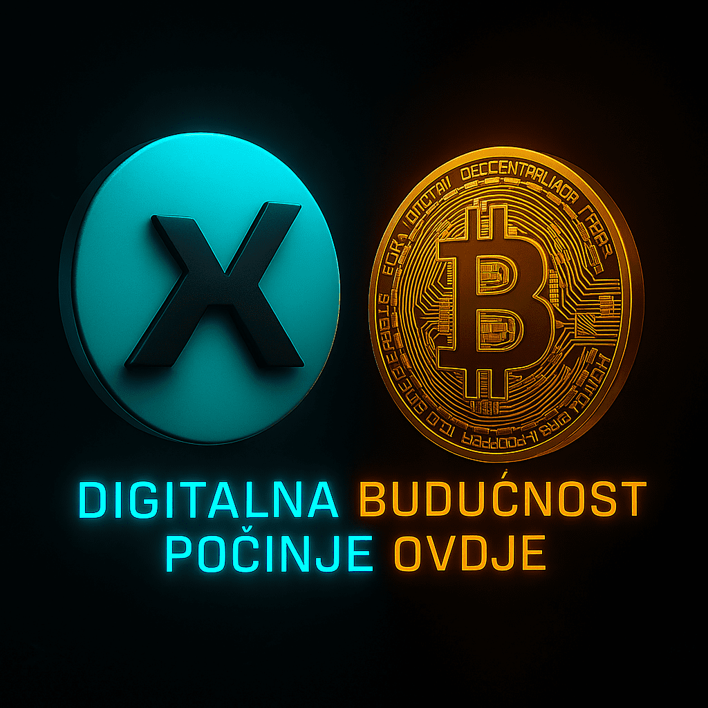 Digitalna budućnost kripto tehnologije prikazana s Bitcoinom, X znakom i neonom.KAS ili BTC?