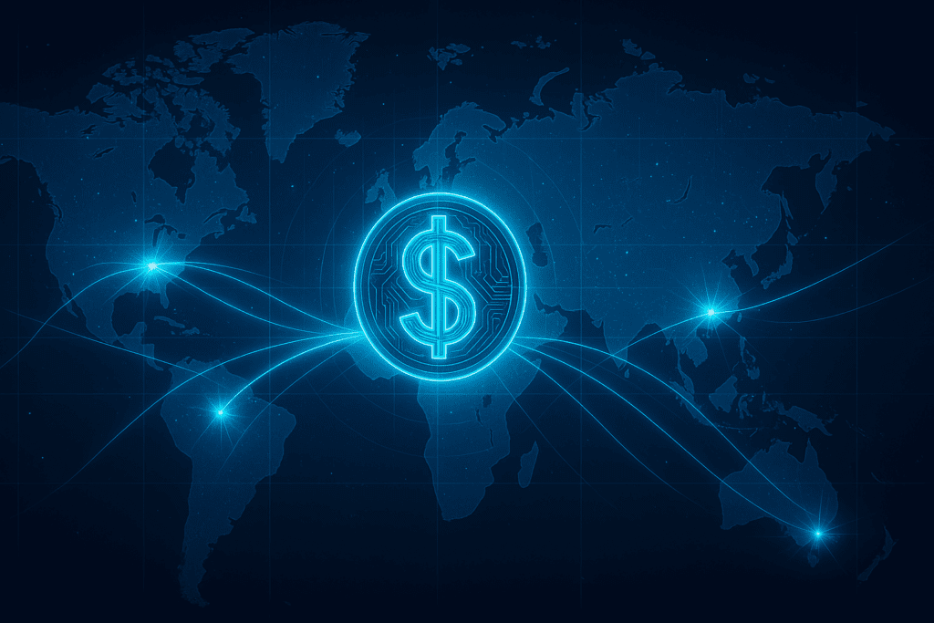 Futuristični prikaz svjetske karte s digitalnim simbolom dolara koji reflektira tokove globalne likvidnosti. snaga dolara.