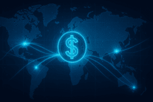 Futuristični prikaz svjetske karte s digitalnim simbolom dolara koji reflektira tokove globalne likvidnosti.