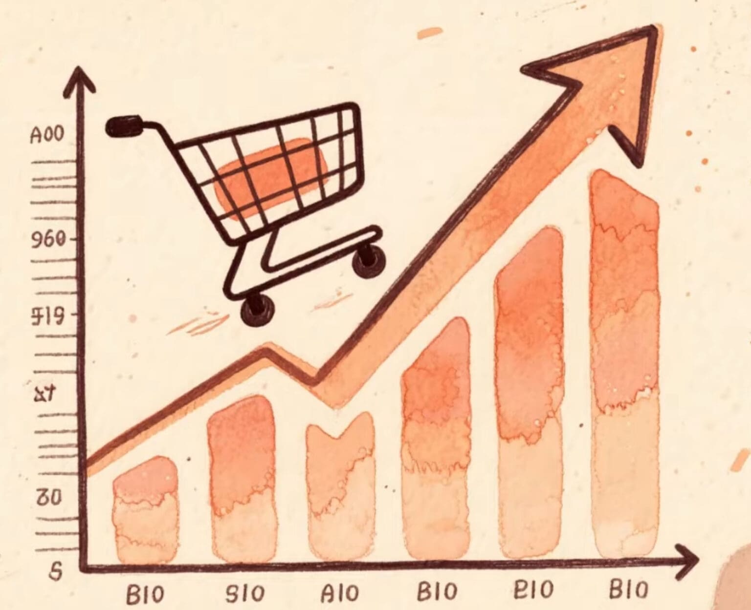 Ručno nacrtan bar graf s kolicima za kupovinu prikazuje uzlazni ekonomski rast i prodaju.