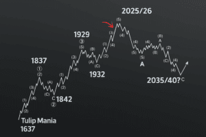 Detaljan grafikon Elliottovih valova analizira tržišne cikluse, povijest i buduće prognoze.