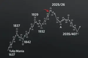 Detaljan grafikon Elliottovih valova analizira tržišne cikluse, povijest i buduće prognoze.