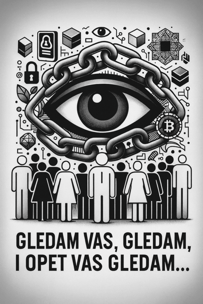 Digitalno oko s lancem nadzire društvo, privatnost i kriptovalute.