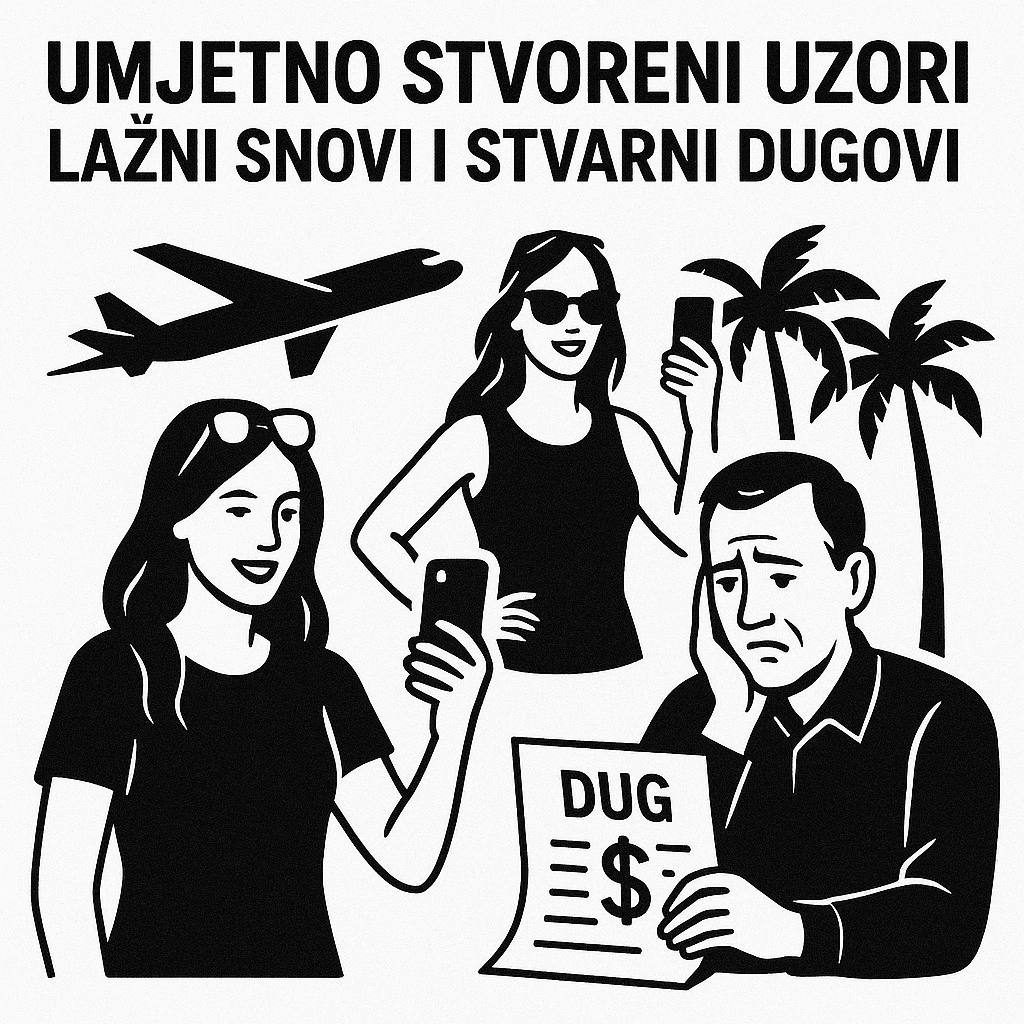 Ilustracija: lažni snovi društvenih mreža, idealiziran život i stvarni dugovi.UMJETNO STVORENI UZORI 