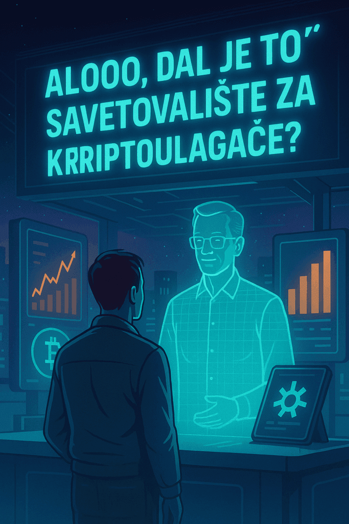 Futurističke kripto konzultacije s hologramom za digitalne ulagače.