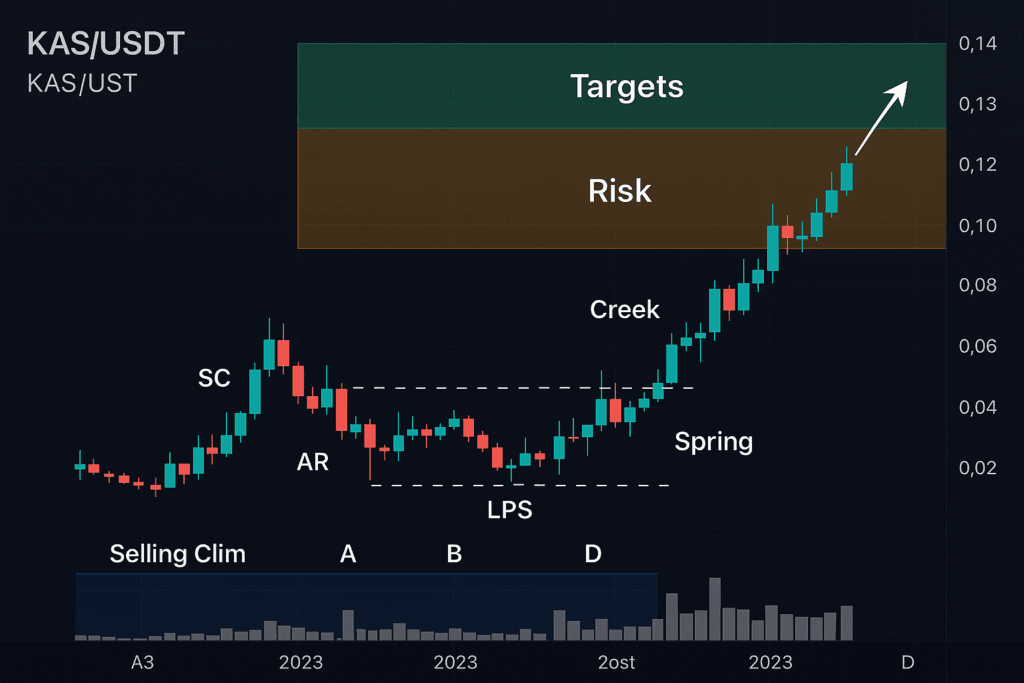 KAS/USDT kripto grafikon Wyckoff analize akumulacije, rizika i ciljeva.