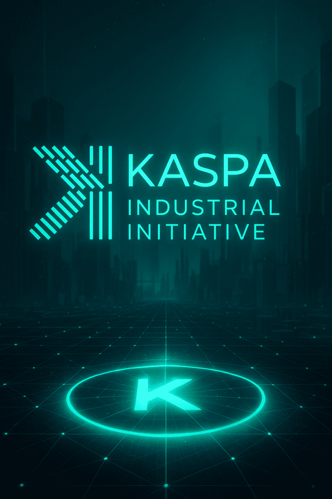 Kaspa Industrijska Inicijativa logo: futuristički, digitalni, tirkizni dizajn industrije.KASPA Industrial Initiative