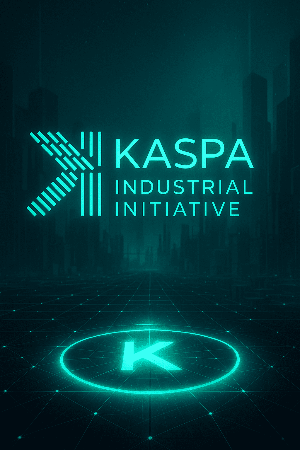 Kaspa Industrijska Inicijativa logo: futuristički, digitalni, tirkizni dizajn industrije.