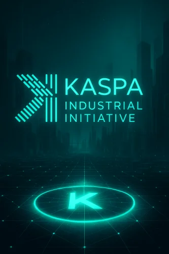 Kaspa Industrijska Inicijativa logo: futuristički, digitalni, tirkizni dizajn industrije.KASPA Industrial Initiative