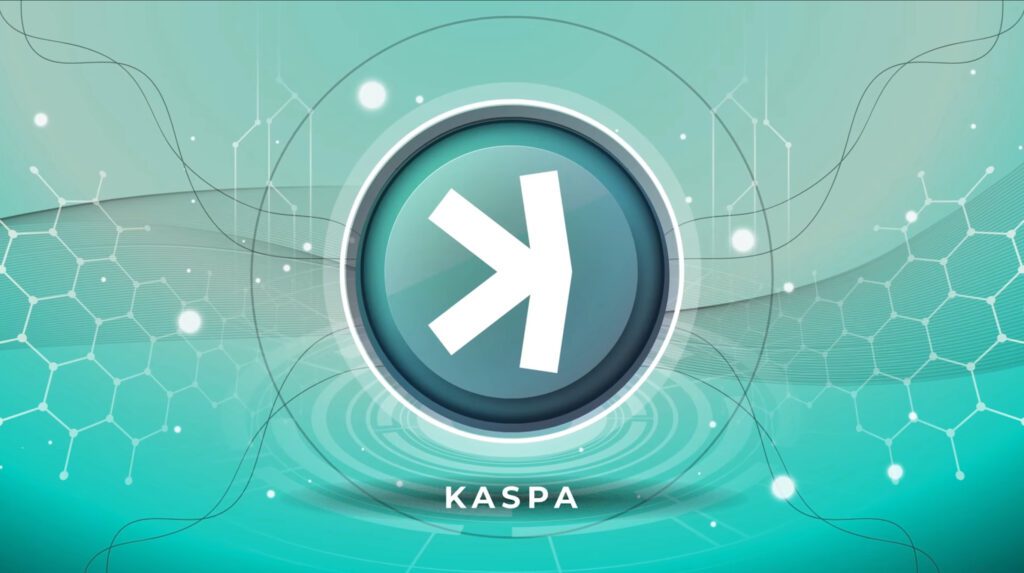 Kaspa: futuristički logotip kriptovalute s digitalnom mrežom i strelicom.