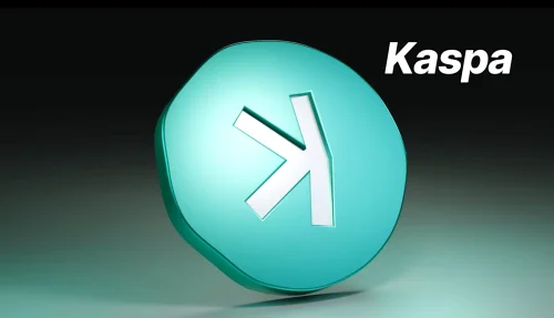 Kaspa kriptovaluta logo, tirkizni simbol K-strelica.KASPA budućnost DeFi