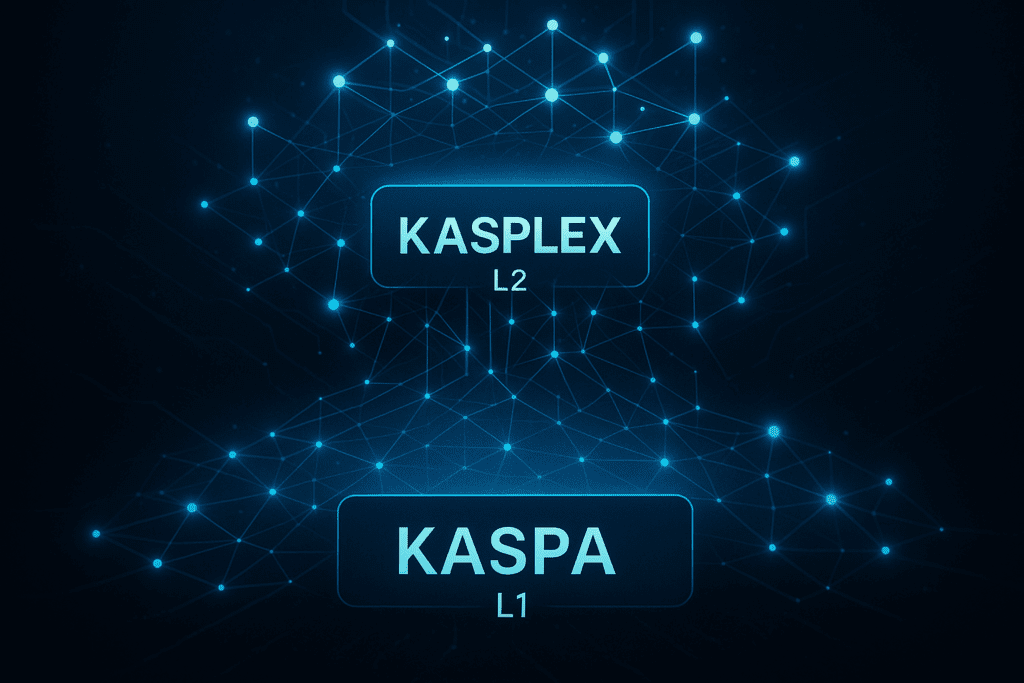 Vizualni prikaz povezanosti Kaspe i Kasplexa u decentraliziranom ekosustavu, prikazan kroz slojeve L1 i L2. Kaspa i Kasplex