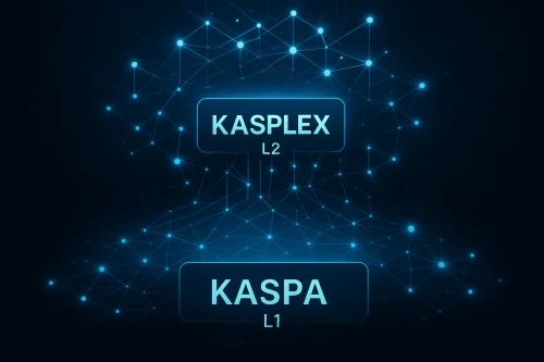 Vizualni prikaz povezanosti Kaspe i Kasplexa u decentraliziranom ekosustavu, prikazan kroz slojeve L1 i L2. Kaspa i Kasplex