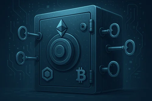 Polurealističan digitalni trezor s više ključeva koji simboliziraju sigurnost multisig novčanika u DeFi svijetu.multisig novčanici