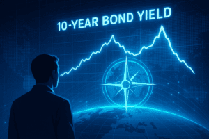 Graf prinosa na 10-godišnje obveznice koji simbolizira tržišni kompas globalne ekonomije.