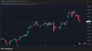 Financijski grafikon svijećnjaka Roundhill Magnificent Seven, cijena USD, TradingView.