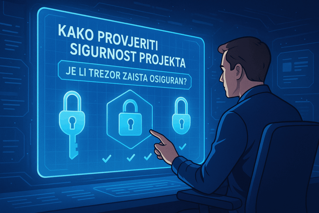 Polurealistična tech ilustracija investitora koji analizira sigurnost projekta kroz holografski prikaz DAO trezora, s digitalnim ključevima i simbolima sigurnosti.