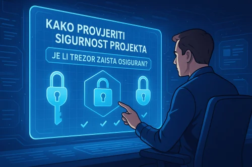 Polurealistična tech ilustracija investitora koji analizira sigurnost projekta kroz holografski prikaz DAO trezora, s digitalnim ključevima i simbolima sigurnosti.