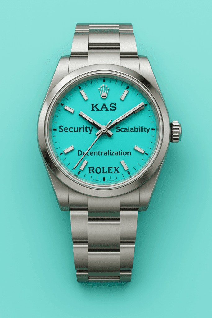 Srebrni Rolex sat KAS s tirkiznim licem, sigurnost, skalabilnost, decentralizacija.KASPA = Budućnost