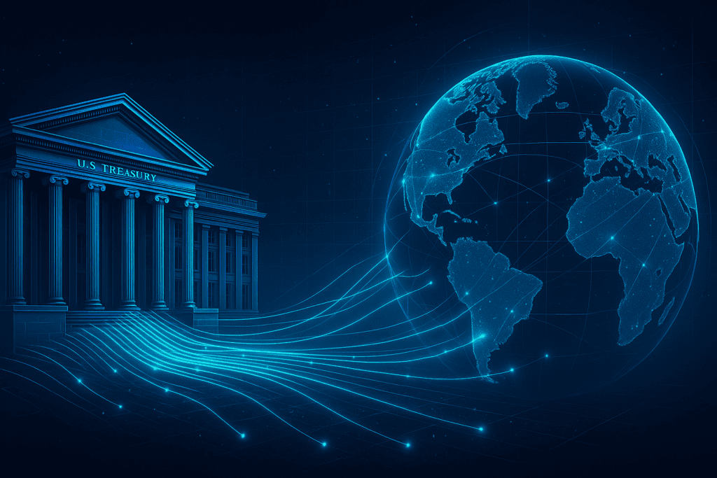 Futuristični prikaz tokova kapitala koji teku iz američkog Treasuryja prema globalnim tržištima.treasury emisije