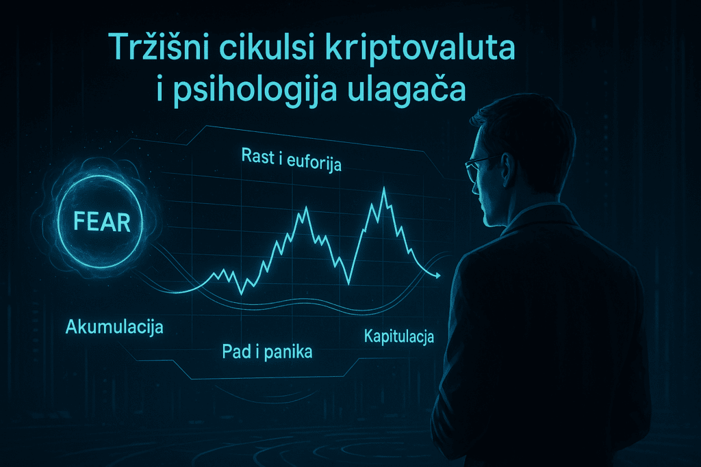 Investitor promatra holografski prikaz tržišnih ciklusa kriptovaluta, s emocijama i volatilnošću u futurističkom okruženju.tržišni ciklusi kriptovaluta