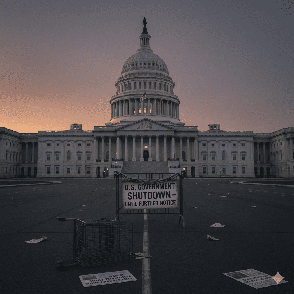 Washington D.C. Američki Kapitol, natpis ZATVARANJE VLADE, nered sumrakom.