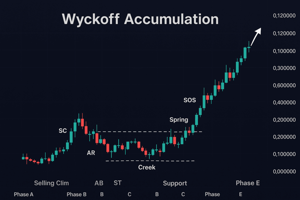 Wyckoff akumulacijski grafikon prikazuje faze tehničke analize dna tržišta i bikovskog preokreta.Wyckoff akumulacija