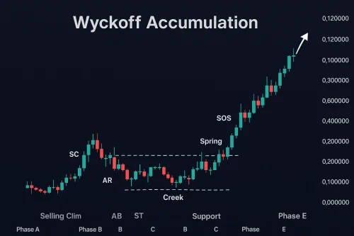 Wyckoff akumulacijski grafikon prikazuje faze tehničke analize dna tržišta i bikovskog preokreta.Wyckoff akumulacija