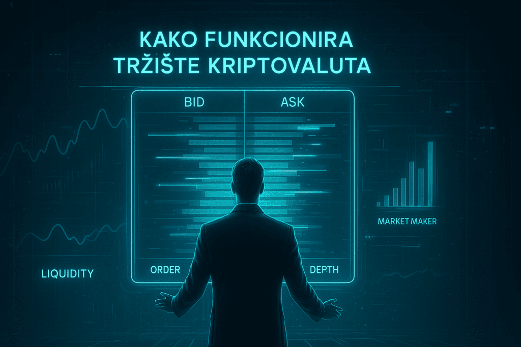 Hologramski prikaz kako funkcionira tržište kriptovaluta kroz order book i likvidnost