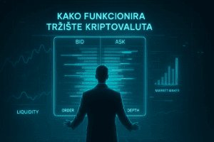 Hologramski prikaz kako funkcionira tržište kriptovaluta kroz order book i likvidnost