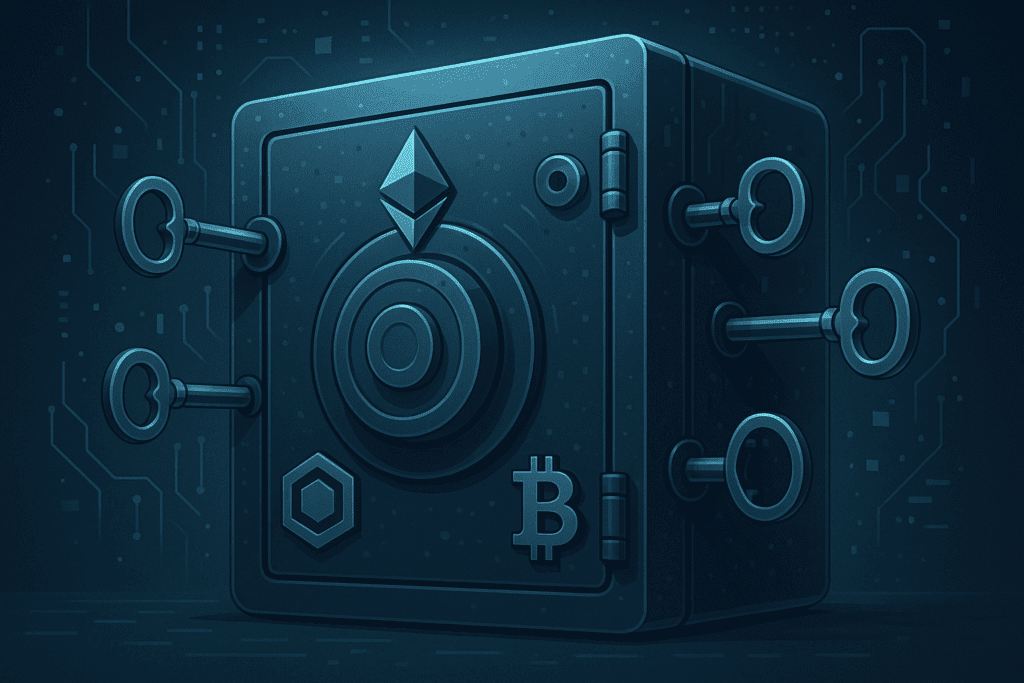 Polurealističan digitalni trezor s više ključeva koji simboliziraju sigurnost multisig novčanika u DeFi svijetu.multisig novčanici