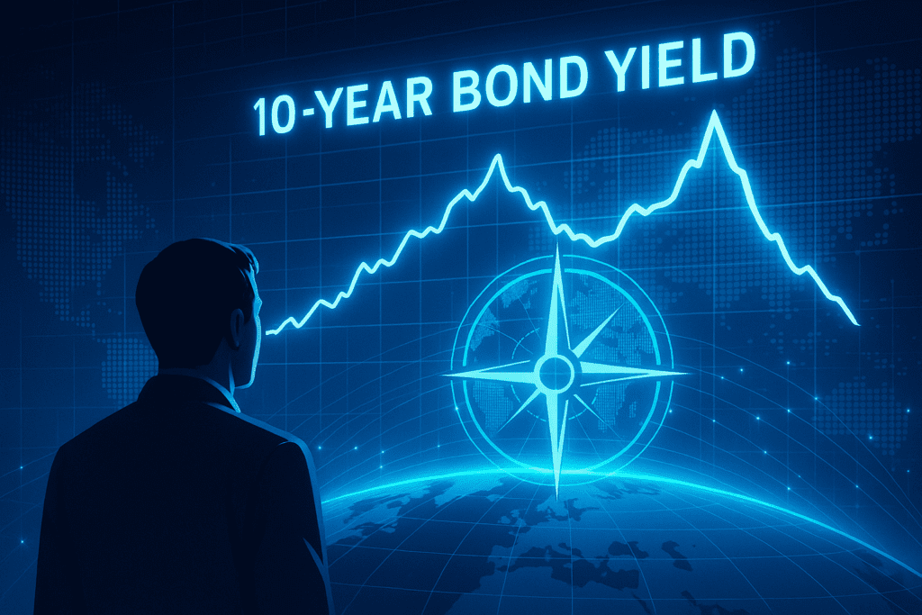Graf prinosa na 10-godišnje obveznice koji simbolizira tržišni kompas globalne ekonomije.prinosi na 10-godišnje obveznice