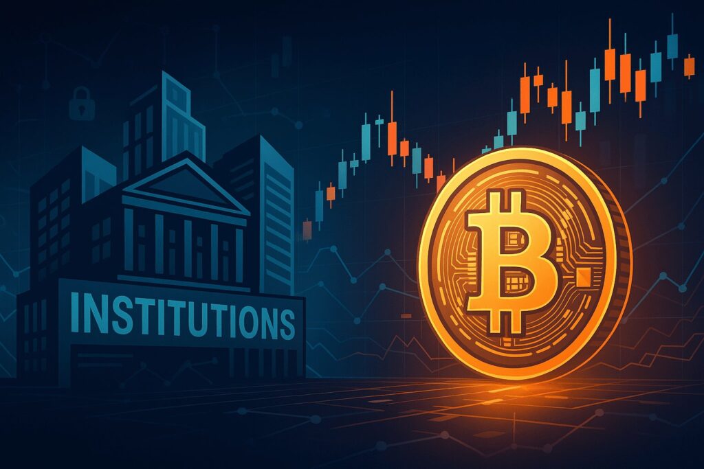 Vizual institucija u kripto tržištu u modernom tech-look stilu, linearne veze ETF-ova, burzi i regulacije.institucije u kriptu