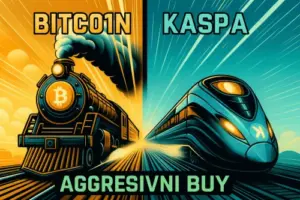 Usporedba Bitcoin i Kaspa kriptovaluta vlakovima, agresivna kupnja.