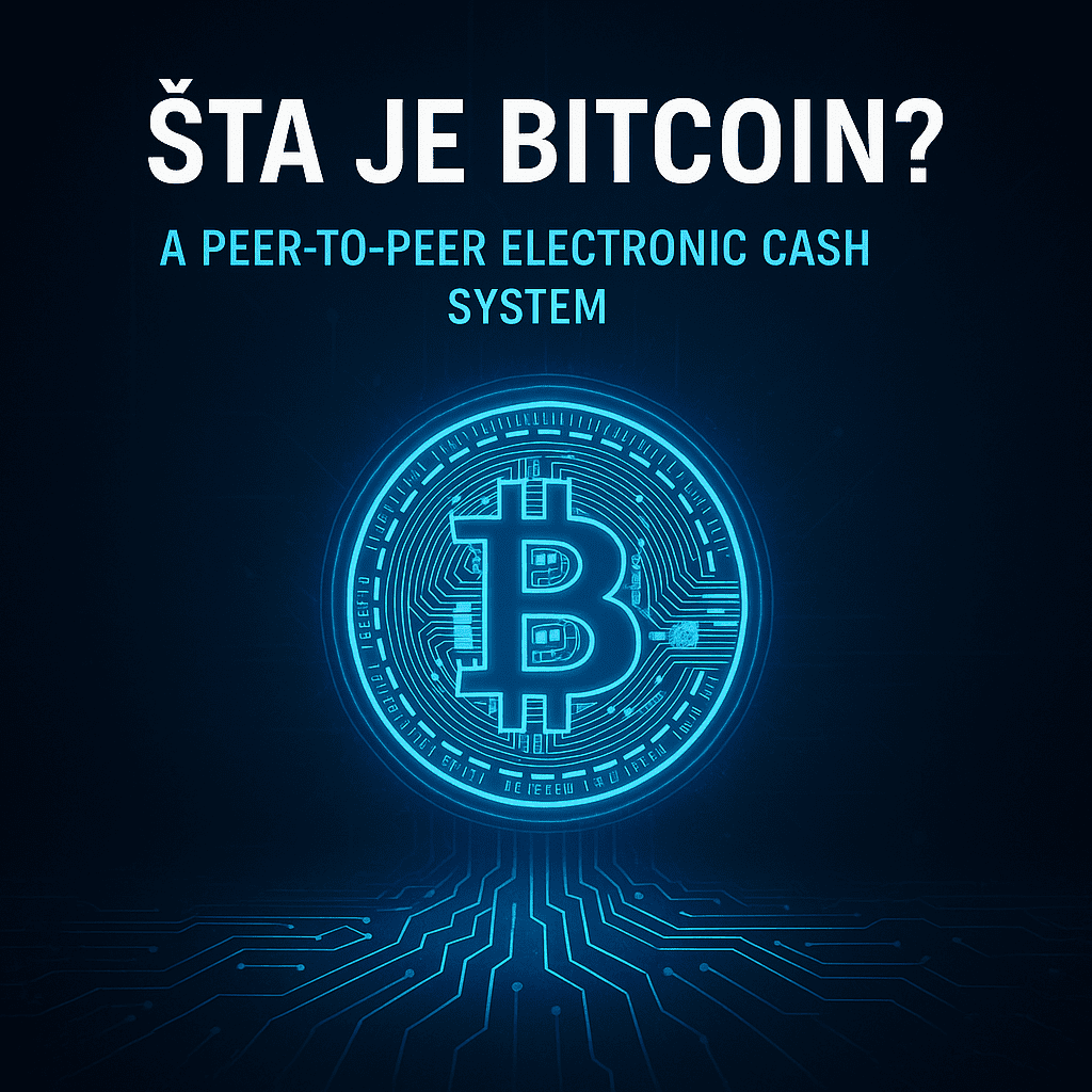 Što je Bitcoin? Plavi logo i definicija digitalne peer-to-peer kriptovalute.