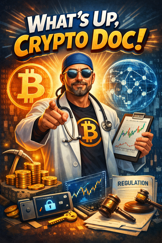 Kripto doktor poster: Bitcoin, financije, kriptovalute i regulacija.
