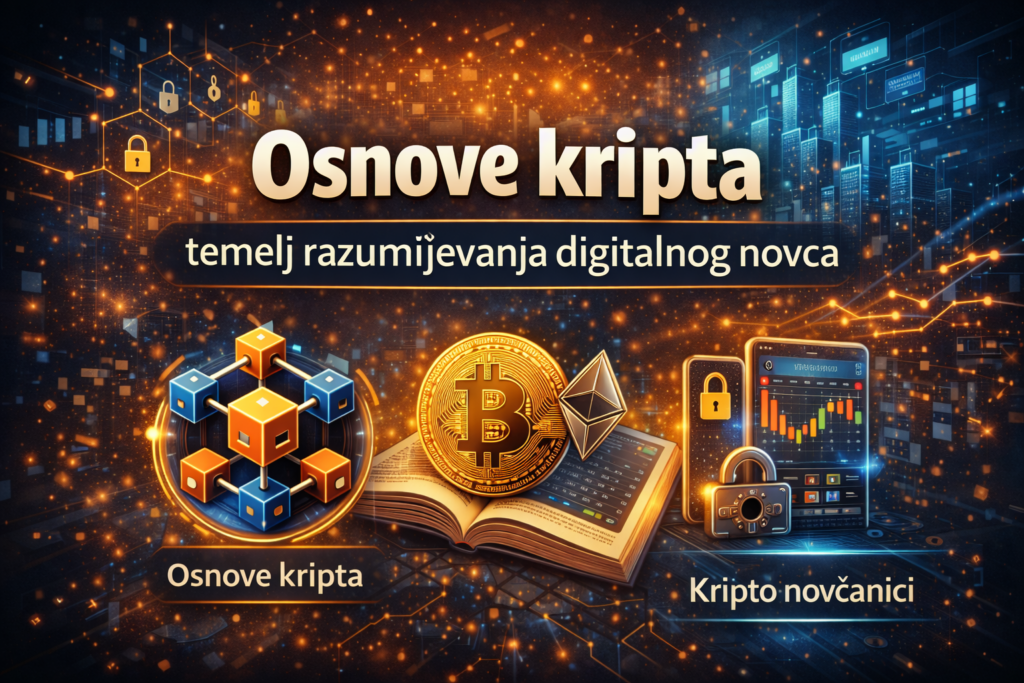 Kripto osnove: digitalni novac, blockchain, Bitcoin, Ethereum i sigurni novčanici.