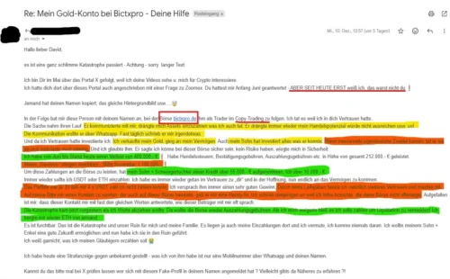Detaljan e-mail o teškoj kripto prevari Bictxpro i gubitku 400.000 eura.