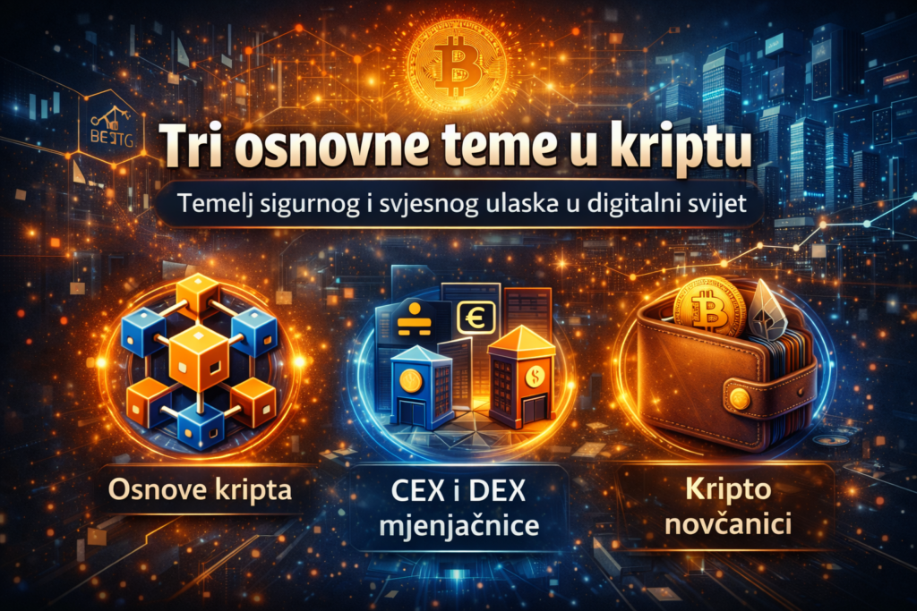 Infografika Tri osnovne teme u kriptu: osnove, CEX/DEX mjenjačnice i kripto novčanici.