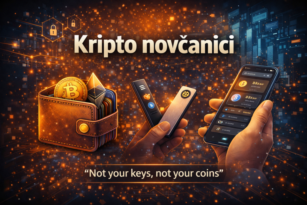 Kripto novčanici: hardverski, mobilni i kožni prikazuju Bitcoin i Ethereum.