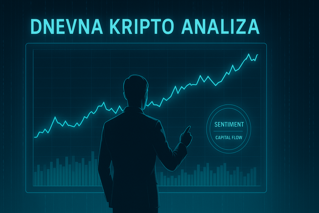 Hologramski prikaz dnevne kripto analize s futurističkim investitorom, dnevna kripto analiza